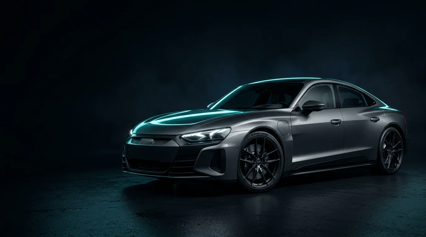 Graphite electric car in a dark studio with cyan diagnostic-inspired lighting